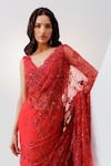 Buy_Istya_Red Net Embroidery Sequins V Neck Tonal Saree With Blouse _Online_at_Aza_Fashions