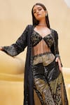 Istya_Black Jacket- Organza Embroidered Sequins Bustier Plunged V Pant Set With Long _Online_at_Aza_Fashions