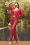 Buy_Istya_Red Net Embroidered Sequins Bustier V Neck Tassel Pant Set With Crop Jacket _at_Aza_Fashions