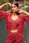 Buy_Istya_Red Net Embroidered Sequins Bustier V Neck Tassel Pant Set With Crop Jacket _Online_at_Aza_Fashions