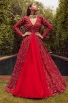 Buy_Istya_Red Net Embroidered Floral V Neck Sequin Jacket And Skirt Set _at_Aza_Fashions