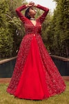 Shop_Istya_Red Net Embroidered Floral V Neck Sequin Jacket And Skirt Set _at_Aza_Fashions