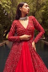 Istya_Red Net Embroidered Floral V Neck Sequin Jacket And Skirt Set _Online_at_Aza_Fashions