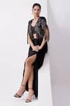 Shop_Istya_Black Net Embroidered Sequins Bustier Sweetheart Tassel Cape And Skirt Set _at_Aza_Fashions