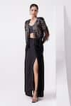 Buy_Istya_Black Net Embroidered Sequins Bustier Sweetheart Tassel Cape And Skirt Set _Online_at_Aza_Fashions