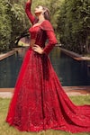 Buy_Istya_Red Net Embroidered Sequins Leaf Long Trail Jacket With Skirt Set _at_Aza_Fashions