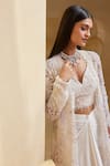 Buy_Istya_Ivory Jacket- Net Embroidered Beads Leaf Floral With Draped Skirt Set _Online_at_Aza_Fashions