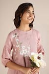 Shop Kaveri Pink Linen Lace, Embroidery Round Camellia Asymmetric Printed Kurta With Pant Online at Aza Fashions Shop_Kaveri_Pink Linen Lace, Embroidery Round Camellia Asymmetric Printed Kurta With Pant _Online_at_Aza_Fashions