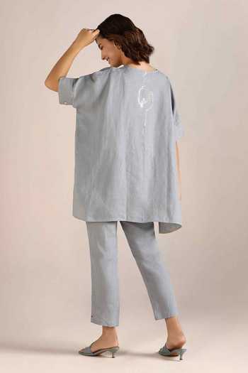 Shop_Kaveri_Blue Linen Embroidery V-neck Body Top And Pant Set _at_Aza_Fashions