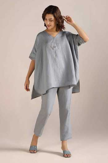 Kaveri_Blue Linen Embroidery V-neck Body Top And Pant Set _Online_at_Aza_Fashions