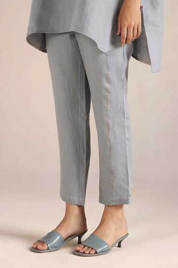 Buy_Kaveri_Blue Linen Embroidery V-neck Body Top And Pant Set _Online_at_Aza_Fashions