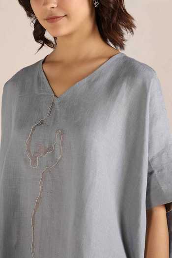 Shop_Kaveri_Blue Linen Embroidery V-neck Body Top And Pant Set _Online_at_Aza_Fashions
