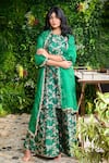 Shop_Pinki Sinha_Green Banarsi Silk Handwoven Floral Round Neck Kurta Sharara Set _Online_at_Aza_Fashions