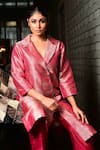 Pinki Sinha_Pink Banarsi Silk Handwoven Geometric Lapel Collar Long Coat With Pant _Online_at_Aza_Fashions