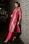 Shop_Pinki Sinha_Pink Banarsi Silk Handwoven Geometric Lapel Collar Long Coat With Pant _Online_at_Aza_Fashions