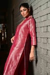 Pinki Sinha_Pink Banarsi Silk Handwoven Geometric Lapel Collar Long Coat With Pant _at_Aza_Fashions