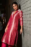 Buy_Pinki Sinha_Pink Banarsi Silk Handwoven Geometric Lapel Collar Long Coat With Pant 