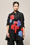 Shop_Taika by Poonam Bhagat_Black Cotton Silk Embroidery Floral High Neck Poppy Hibiscus Jacket  _at_Aza_Fashions