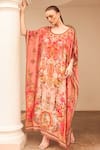 Buy_Zariaah_Pink Viscose Silk Hand Sketched Print Lotus Bloom Round Kaftan  _at_Aza_Fashions