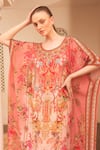 Zariaah_Pink Viscose Silk Hand Sketched Print Lotus Bloom Round Kaftan  _Online_at_Aza_Fashions