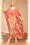 Buy_Zariaah_Pink Viscose Silk Hand Sketched Print Lotus Bloom Round Kaftan  _Online_at_Aza_Fashions