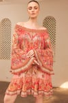 Zariaah_Pink Viscose Silk Hand Sketched Print Lotus Bloom Round Frill Dress  _Online_at_Aza_Fashions