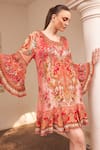 Shop_Zariaah_Pink Viscose Silk Hand Sketched Print Lotus Bloom Round Frill Dress  _Online_at_Aza_Fashions