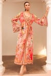 Buy_Zariaah_Pink Viscose Silk Hand Sketched Print Lotus Bloom Plunged V Wrap Dress  _at_Aza_Fashions