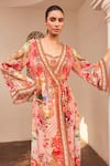 Shop_Zariaah_Pink Viscose Silk Hand Sketched Print Lotus Bloom Plunged V Wrap Dress  _Online_at_Aza_Fashions