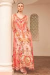 Buy_Zariaah_Pink Viscose Silk Hand Sketched Print Lotus Bloom V Neck A-line Dress  _at_Aza_Fashions