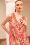 Buy_Zariaah_Pink Viscose Silk Hand Sketched Print Lotus Bloom V Neck A-line Dress  _Online_at_Aza_Fashions