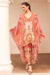 Buy_Zariaah_Pink Chiffon Hand Sketched Print Lotus Bloom Asymmetric Cape  _at_Aza_Fashions