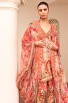 Zariaah_Pink Chiffon Hand Sketched Print Lotus Bloom Asymmetric Cape  _Online_at_Aza_Fashions