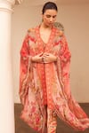 Buy_Zariaah_Pink Chiffon Hand Sketched Print Lotus Bloom Asymmetric Cape  _Online_at_Aza_Fashions