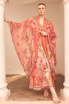 Shop_Zariaah_Pink Chiffon Hand Sketched Print Lotus Bloom Asymmetric Cape  _Online_at_Aza_Fashions