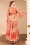 Shop_Zariaah_Pink Viscose Silk Hand Sketched Print Lotus Bloom V Neck Tiered Dress  _at_Aza_Fashions