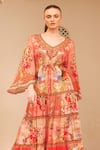 Zariaah_Pink Viscose Silk Hand Sketched Print Lotus Bloom V Neck Tiered Dress  _Online_at_Aza_Fashions