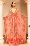 Buy_Zariaah_Pink Chiffon Hand Sketched Print Lotus Bloom Plunged V Tab Kaftan  _Online_at_Aza_Fashions