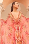 Shop_Zariaah_Pink Chiffon Hand Sketched Print Lotus Bloom Plunged V Tab Kaftan  _Online_at_Aza_Fashions