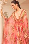 Shop_Zariaah_Pink Chiffon Hand Sketched Print Lotus Bloom Plunged V Tab Kaftan  _at_Aza_Fashions