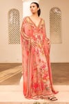 Zariaah_Pink Chiffon Hand Sketched Print Lotus Bloom Plunged V Tab Kaftan  _at_Aza_Fashions