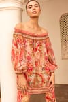 Buy_Zariaah_Pink Viscose Silk Hand Sketched Print Lotus Bloom Off Shoulder Top  _at_Aza_Fashions