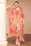 Buy_Zariaah_Pink Viscose Silk Hand Sketched Print Lotus Bloom V Neck Boxy Kaftan  _at_Aza_Fashions