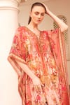 Buy_Zariaah_Pink Viscose Silk Hand Sketched Print Lotus Bloom V Neck Boxy Kaftan  _Online_at_Aza_Fashions