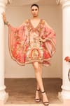 Buy_Zariaah_Pink Viscose Silk Hand Sketched Print Lotus Bloom V Neck Kaftan Dress  _at_Aza_Fashions