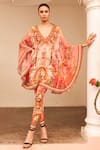 Zariaah_Pink Viscose Silk Hand Sketched Print Lotus Bloom V Neck Kaftan Dress _Online_at_Aza_Fashions