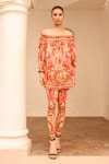 Buy_Zariaah_Pink Viscose Silk Hand Sketched Print Lotus Off Shoulder Top And Leggings Set _at_Aza_Fashions