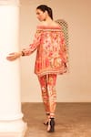 Shop_Zariaah_Pink Viscose Silk Hand Sketched Print Lotus Off Shoulder Top And Leggings Set _at_Aza_Fashions