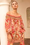 Zariaah_Pink Viscose Silk Hand Sketched Print Lotus Off Shoulder Top And Leggings Set _Online_at_Aza_Fashions