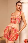 Shop_Zariaah_Pink Viscose Silk Hand Sketched Print Lotus Bloom Bustier Top And Shorts Set _at_Aza_Fashions